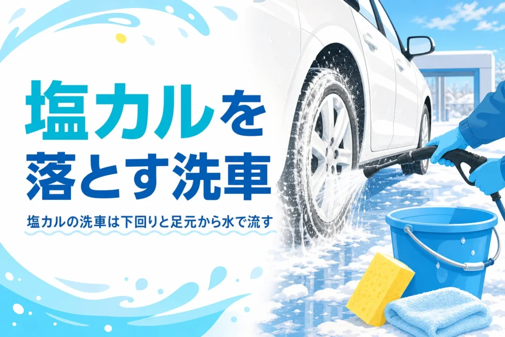 冬の洗車場で車のタイヤまわりに水をかけて塩カルを流している様子と、塩カルの洗車の記事タイトル