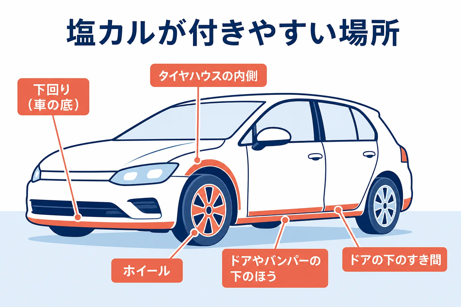 雪道を走った車で塩カルが付きやすい下回り・タイヤハウス・ホイール・ボディ下部を示した図解